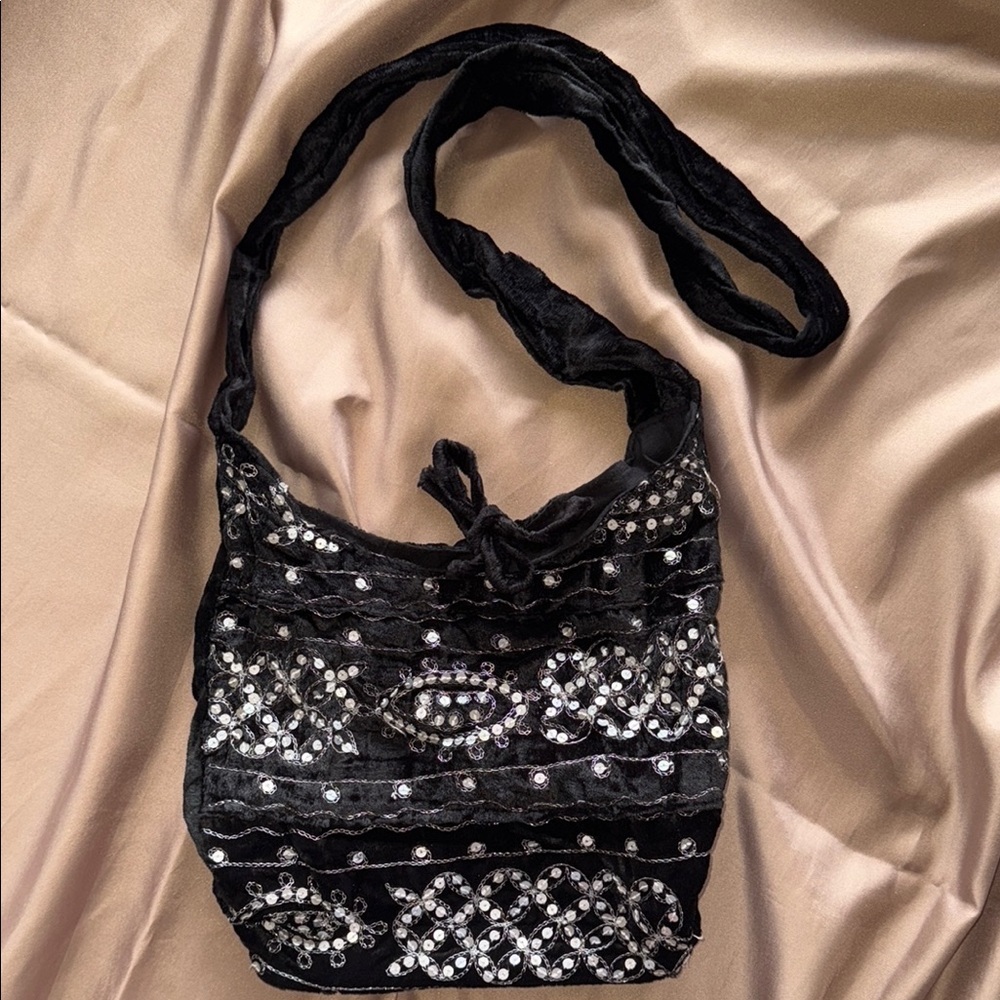 Vintage Boho Black Crushed Velvet Crossbody Sequins Metallic Thread Whimsigoth